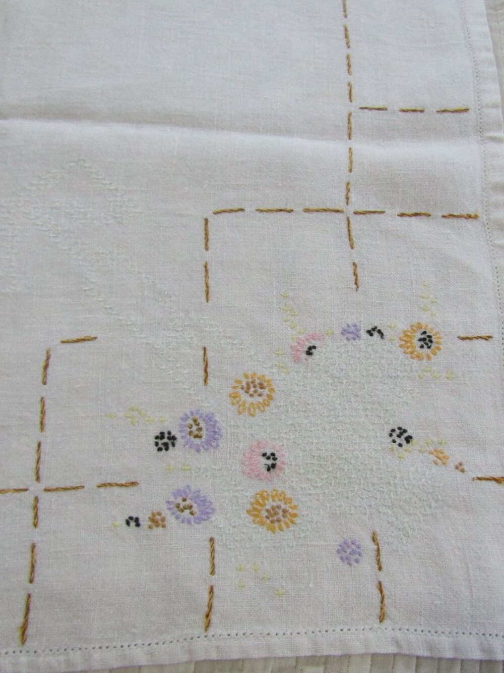 Vintage Embroidered Flowers off White linen Tablecloth 42x40”- AS IS -Read